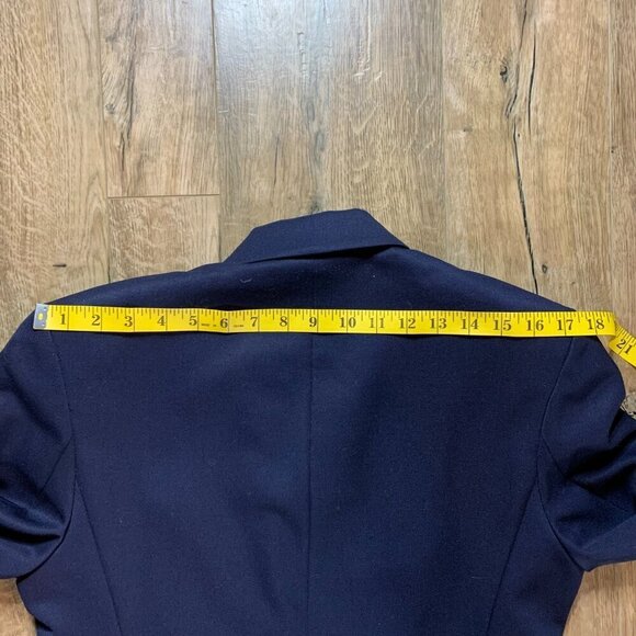 Vintage 80s 90s Double Breasted Navy Blue Wool Structured Long Blazer - Picture 11 of 13
